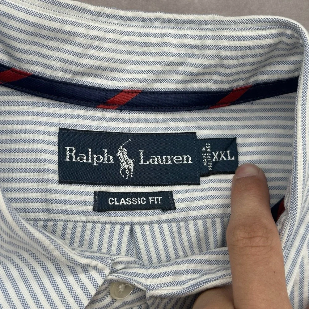 Vintage Ralph Lauren 2XL Classic Fit Blue White Stripe Polo Horse Shirt